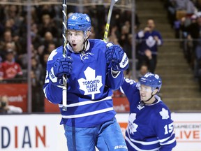 Toronto Maple Leafs left wing James van Riemsdyk (21) celebrates his goal against the Tampa Bay Lightning at Air Canada Centre Dec 15, 2015. (Tom Szczerbowski-USA TODAY Sports)