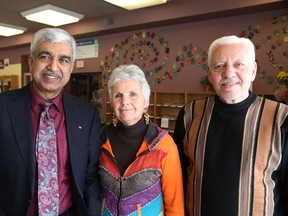 Dr. Shah Nawaz, left, president of the Islamic Association of Sudbury, Chris Nash, chair of the fundraising committee for the Sudbury Refugee Relief Fund, and Abdul Hak Dabliz, Imam of the Sudbury Mosque, were on hand at the main branch of the Sudbury Public Library in Sudbury, Ont. on Thursday February 25, 2016 to announce plans to present a film as part of a fundraiser for the relief fund. Return to Homs will be shown on March 24 at 7 p.m. at the Sheridan Auditorium at Sudbury Secondary School. John Lappa/Sudbury Star/Postmedia Network