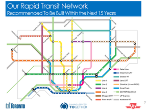 A map of the rapid transit network for Toronto that city staff are recommending be built within the next 15 years.