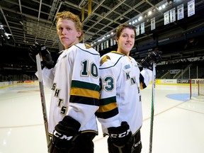 London Knights forwards Christian Dvorak, left, and Mitch Marner are second and third, respectively, in the Ontario Hockey League scoring race.
(Morris Lamont/Postmedia Network)