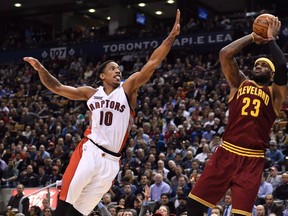 Toronto Raptors’ DeMar DeRozan and LeBron James of the Cavaliers will go at it Feb. 26, 2016 at the Air Canada Centre in Toronto. (CP)
