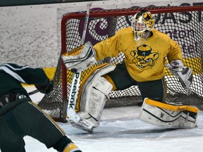 University of Alberta Golden Bears goalie Luke Siemens (30) makes a save at practice as they prepare for the western semis that start Friday at Clare Drake Arena. (Ed Kaiser)