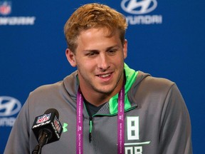 California quarterback Jared Goff speaks to the media during the 2016 NFL Scouting Combine at Lucas Oil Stadium in Indianapolis on Feb. 25, 2016. (Trevor RuszkowskiéUSA TODAY Sports)
