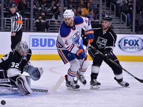 Oilers forward Zack Kassian's shot is turned away by Kings goaltender Jonathan Quick during the first period of Thursday's game in Los Angeles. (USA TODAY SPORTS)