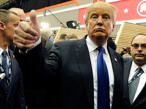 Republican presidential candidate Donald Trump gives a thumb up after a Republican presidential primary debate at The University of Houston, Thursday, Feb. 25, 2016, in Houston. (AP Photo/Pat Sullivan)