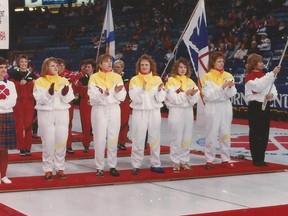 From left to right, Team Manitoba's Kim Overton, Jill Proctor, Laurie Ellwood, Cathy Overton and Kathie Allardyce are introduced at the Scotties Tournament of Hearts in Saskatoon in this 1991 handout photo. Women's curling clothing has come a long way from revealing white polyester pants. (THE CANADIAN PRESS/Hand Out-Team Allardyce)