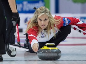 Team Canada skip Jennifer Jones makes a shot during the 8th draw against New Brunswick at the Scotties Tournament of Hearts in Grande Prairie earlier this week. (THE CANADIAN PRESS/Jonathan Hayward)