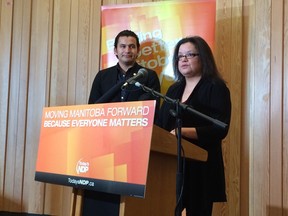 NDP candidates Wab Kinew and Amanda Lathlin at a press conference on Friday. (DAVID LARKINS/WINNIPEG SUN)