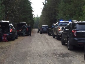 Police vehicles line the road near a rural property near Belfair, Washington, February 26, 2016 in this handout photo provided by Mason County Sheriff's Office in Shelton, Washington. Five people are dead, including a suspect, following a shooting and standoff with police at a home in Washington state, the Seattle Times newspaper reported on Friday, citing Mason County authorities.  REUTERS/Mason County Sheriff's Office/Handout via Reuters