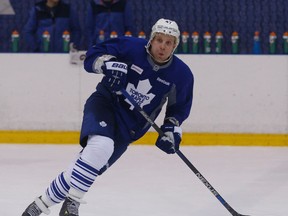 Maple Leafs’ all-star winger Leo Komarov was champing at the bit during yesterday’s practice at the MasterCard Centre as he prepared for his return to the lineup tonight in Montreal following a three-game suspension. (JACK BOLAND, Toronto Sun)