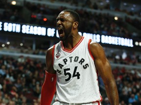 Toronto Raptors forward Patrick Patterson (54) reacts after scoring against the Chicago Bulls on Feb. 19, 2016. (Kamil Krzaczynski-USA TODAY Sports)