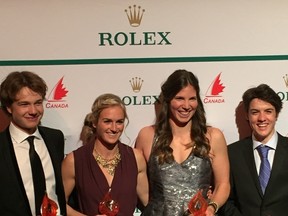 (l-r) Arie Moffat, Erin Rafuse, Danielle Boyd and Pat Wilson at the Rolex Sail Canada sailing awards in Toronto Friday night. Submitted photo.