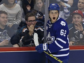 Toronto Marlies centre William Nylander celebrates his goal late in the third period against the Manitoba Moose in Winnipeg on Sat., Feb. 6, 2016. (Kevin King/Winnipeg Sun/Postmedia Network)