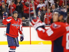 Washington Capitals left winger Alex Ovechkin (8) celebrates after the Capitals' 3-2 win over the Minnesota Wild on Feb. 26, 2016, at Verizon Center in Washington. (GEOFF BURKE/USA TODAY Sports)