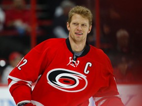 Carolina Hurricanes forward Eric Staal smiles prior to his team’s game against the Boston Bruins on Feb. 26, 2016. Ron Francis, the team’s general manager, has been talking to other teams about a trade for Staal before the Feb. 29 deadline. (JAMES GUILLORY/USA Today Sports)