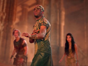 This image released by Lionsgate shows Chadwick Boseman in a scene from "Gods of Egypt." (Lisa Tomasetti/Lionsgate)