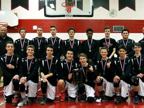 The Northern Vikings junior boy's basketball team won a second SWOSSAA championship in three years by defeating Windsor's Holy Names Knights 50-38 Friday on home court. Back row from left are coach Beau Douglas, Tristan Haagsma, Nathan Mackie, Griffin O’Driscoll, Noah McLean, Jaden Ogorek, Parker Kidd, Nick Cain and coach Jason Cain. Front row from left are Caleb Schiestel, Jackson Earle, Jon King, Eric Zhou, Nolan Gladwish, Daniel Luciani, Ethan Jones and Nate Smith. Handout/Sarnia Observer/Postmedia Network