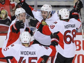 Senators centre Mika Zibanejad celebrates his hat trick against the Calgary Flames on Feb. 28. (Mike Drew, Postmedia Network)