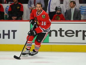 Chicago Blackhawks left wing Andrew Ladd (16) warms up prior to the first period against the Washington Capitals at the United Center on Saturday. (Dennis Wierzbicki-USA TODAY Sports)