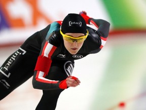 Heather  McLean of Canada competes during the women's 500-metre race of the ISU World Sprint Speed Skating Championships in Seoul, South Korea, Sunday, Feb. 28, 2016. (AP Photo/Lee Jin-man)