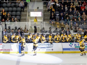The Kingston Frontenacs celebrate their second goal during a 5-1 OHL win over the Sudbury Wolves at  he Rogers K-Rock Centre on Sunday afternoon. The Frontenacs won the East Division title Saturday night when Sudbury beat the Peterborough Petes. (Julia McKay/The Whig-Standard)