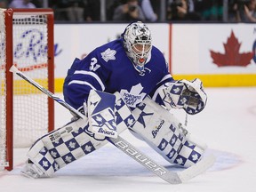 Toronto Maple Leafs goaltender Garret Sparks (31) defends the net against the New Jersey Devils at the Air Canada Centre. Toronto defeated New Jersey 3-2 in an overtime shootout. John E. Sokolowski-USA TODAY Sports