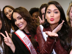 Miss Universe Pia Alonzo Wurtzbach (R)  and  Miss Universe Canada Paola Nunez visit pageant auditions in Toronto on Sunday. (CRAIG ROBERTSON, Toronto Sun)