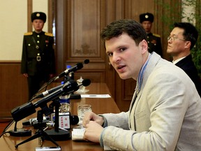American student Otto Warmbier speaks during a press conference on Monday, Feb. 29, 2016, in Pyongyang, North Korea. North Korea announced late last month that it had arrested the 21-year-old University of Virginia undergraduate student. It said that after entering the country as a tourist he conducted an anti-state crime with "the tacit connivance of the U.S. government and under its manipulation." (AP Photo/Kim Kwang Hyon)