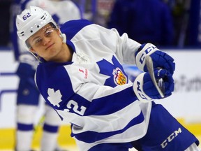 William Nylander of the Toronto Marlies shoots during warmup before taking on the Wilkes-Barre/Scranton Penguins during AHL action at the Ricoh Coliseum in Toronto on Feb. 19, 2016. Dave Abel/Toronto Sun