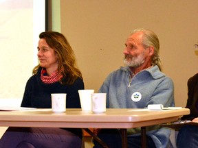 As part of a European farmers speaking tour, the National Farmers Union (NFU) hosted Renfrew County farmer and member of the NFU's regional and national boards of directors Tony Straathof (left), German potato farmer and journalist Claudia Schievelbein and livestock farmer and farm activist Guy Kastler from France – accompanied by his translator Lisa Moldonado – to discuss the difference in plant breeders rights legislation between Canada and the European Union at the Brodhagen Community Centre Feb. 26. GALEN SIMMONS/MITCHELL ADVOCATE