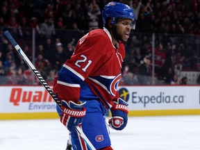 Montreal Canadiens forward Devante Smith-Pelly (21) reacts after scoring a goal against the Columbus Blue Jackets during the second period at the Bell Centre. Eric Bolte-USA TODAY Sports