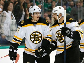 Boston Bruins' Loui Eriksson (21), of Sweden, and Dennis Seidenberg (44), of Germany, celebrate after Ericsson scored a goal against the Dallas Stars in the second period of an NHL hockey game, Saturday, Feb. 20, 2016, in Dallas. (AP Photo/Tony Gutierrez)