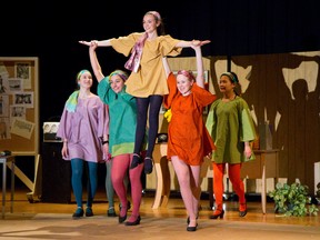 Mackenzie Adams, Arden Law, Aly Mckone, Sydney Ross, and Paris Liu perform in a scene from the Lucas secondary school production of the Great All-American Musical Disaster. (MIKE HENSEN, The London Free Press)