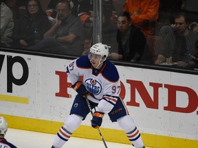 Edmonton Oilers center Connor McDavid (97) controls the puck against the Anaheim Ducks at Honda Center.