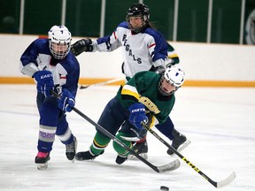 Marymount Academy's Taylor Brooks and Nora Puro battle for the puck with Hannah Nykilchyk of the Lockerby Vikings during NOSSA girls AAA action  in Sudbury, Ont. on Monday February 29, 2016. Gino Donato/Sudbury Star/Postmedia Network