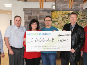 Union Gas presented a cheque in the amount of $43,211 to the Cochrane District Social Services Administration Board at the Cochrane Senior Retirement Living Complex located at 500 Twelfth Avenue North in Cochrane. The rebate payment is courtesy of the Union Gas’s Affordable Housing Conservation Program. Norm Ellerton of Union Gas, Derrick Gourley and Lee-Ann St. Jacques of CDSSAB, Michel Vezeau of CGV Builders, Gerald Laforest and John Davidson of Union Gas were an hand for the presentation.