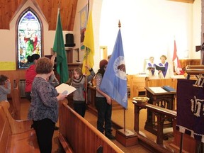 Korissa Jolin, Nikolas Lehoux, Aaron Lavoie and Cerenity Young paraded down the aisle with a full colour guard of flags held high at the recent service celebrating Lord Baden-Powell's birth.