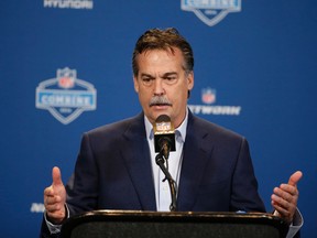 Los Angeles Rams head coach Jeff Fisher responds to a question during a news conference at the NFL football scouting combine, Wednesday, Feb. 24, 2016, in Indianapolis.  (AP Photo/Darron Cummings)