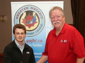 Brandon Layman of the Sarnia Legionnaires was named a runner-up for the Western Jr. 'B' hockey loop's Most Valuable Player Award Monday. Layman is congratulated by team general manager Bob Williamson. (Anne Tigwell photograph)