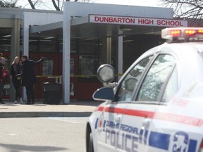 This is a photo of Dunbarton High School on Feb. 23, after several people were injured in a stabbing rampage. (THE CANADIAN PRESS)
