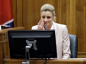 Sportscaster and television host Erin Andrews testifies in Nashville, Tenn., on Tuesday, March 1, 2016. (AP Photo/Mark Humphrey, Pool)
