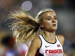 Brianne Theisen-Eaton of Canada wins bronze in the Women's 4x400m Final during Day 15 of the Pan American Games at the Pan Am Athletics Stadium in Toronto on July 25, 2015. (Vaughn Ridley/Getty Images/AFP)