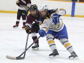 Megan Cruickshank of ESC Algonquin in North Bay battles for the puck with College Notre Dame's Josee Scott during N.O.S.S.A. championship game action in Sudbury, Ont. on Tuesday March 1, 2016. Gino Donato/Sudbury Star/Postmedia Network