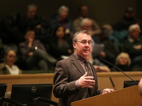 Tony Cecutti, the city's general manager of infrastructure makes a presentation during the public input session on the Maley Drive Extesion in Sudbury, Ont. on Tuesday March 1, 2016. Gino Donato/Sudbury Star/Postmedia Network