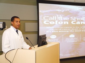 Dr. Antonio Caycedo, a colorectal surgeon at Health Sciences North in Sudbury, Ont., makes a point at the launch of Colon Cancer Awareness Month on Tuesday March 1, 2016. The Northeast Cancer Centre, Health Sciences North and Cancer Care Ontario have partnered together to urge people to get screened for colon cancer with a simple take-home test. Colon cancer, which is the second leading cause of cancer death in men and women in Ontario, is highly treatable when found early. HSN is one of the few hospitals in Ontario to provide an advanced, minimally invasive surgery called transanal total mesorectal excision (taTME). This surgical procedure was introduced to HSN by Dr. Caycedo. John Lappa/Sudbury Star/Postmedia Network