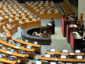 Choi Kyu-sung, a member of the main opposition Minjoo Party of Korea speaks at the National Assembly in Seoul, South Korea, February 28, 2016. (REUTERS/Song Won-young/News1)