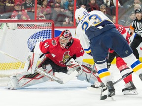 St. Louis Blues right wing Dmitrij Jaskin (23) shoots on Ottawa Senators goalie Craig Anderson (41) in the first period at the Canadian Tire Centre. Marc DesRosiers-USA TODAY Sports