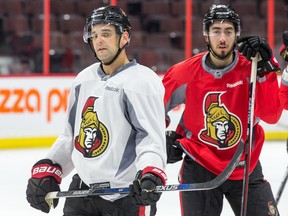 Clarke MacArthur and Mika Zibanejad wait for a drill to begin as the Ottawa Senators practice at Canadian Tire Centre. (Wayne Cuddington)