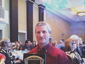 Lee Gosnell, West Elgin public works superintendent, was presented with the Michael Woodcrfot Memorial Award recently at the Ontario Good Roads Asspciation conference in Toronto. He is the second West Elgin employee to win the award, Tom Mohan was presented with one in 1999.