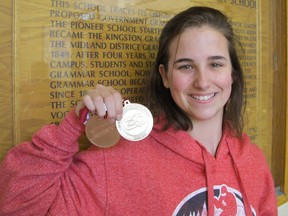 Kingston Collegiate’s Maggie Whitmore won gold and bronze medals in Level 1 giant slalom and slalom, respectively, at the Ontario high school alpine skiing championships at Blue Mountain in Collingwood this week.
(Patrick Kennedy/The Whig-Standard)
